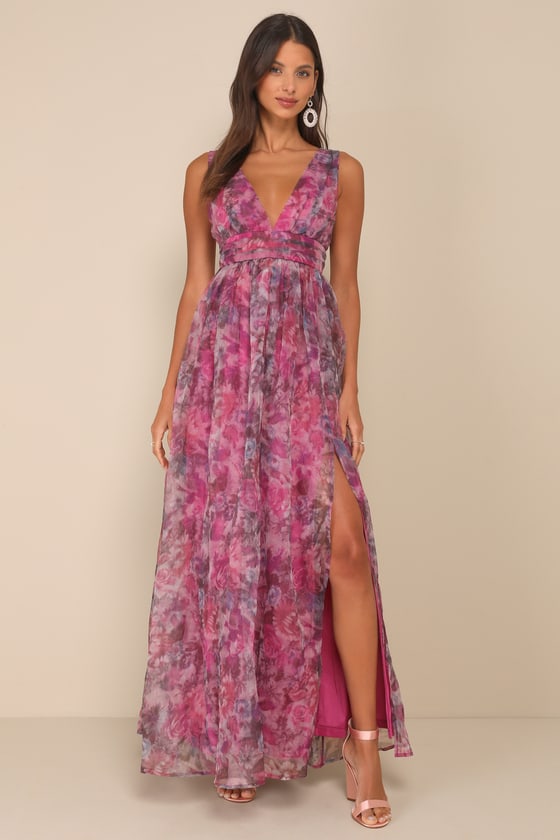 Garden Romance Magenta Floral Print Organza Maxi Dress