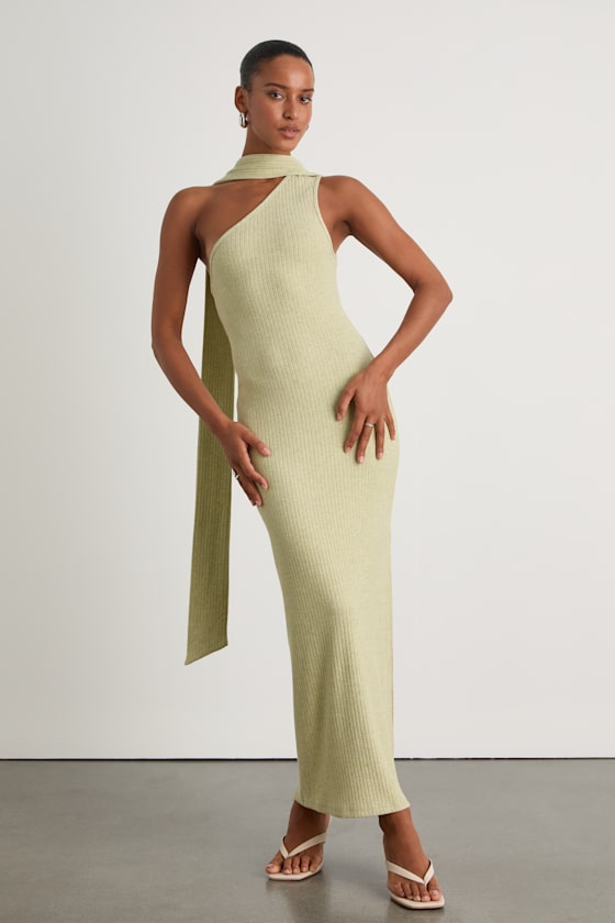 Venna Heathered Sage One-Shoulder Scarf Maxi Dress