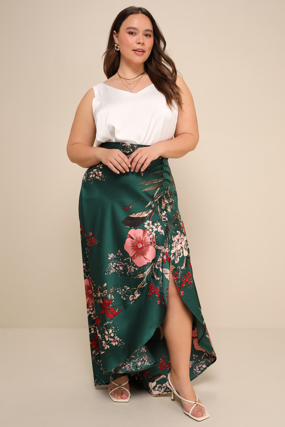Superbly Stunning Emerald Green Floral Print Satin Maxi Skirt