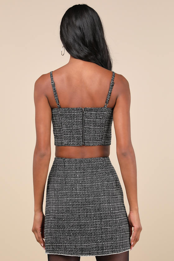 Charismatically Cute Black Tweed Rhinestone High-Rise Mini Skirt