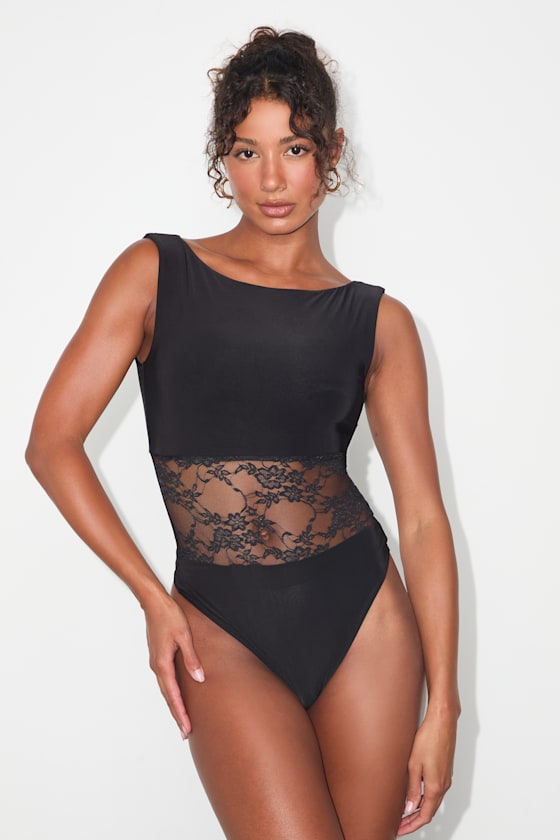 Brya Black Sheer Lace Sleeveless Bodysuit