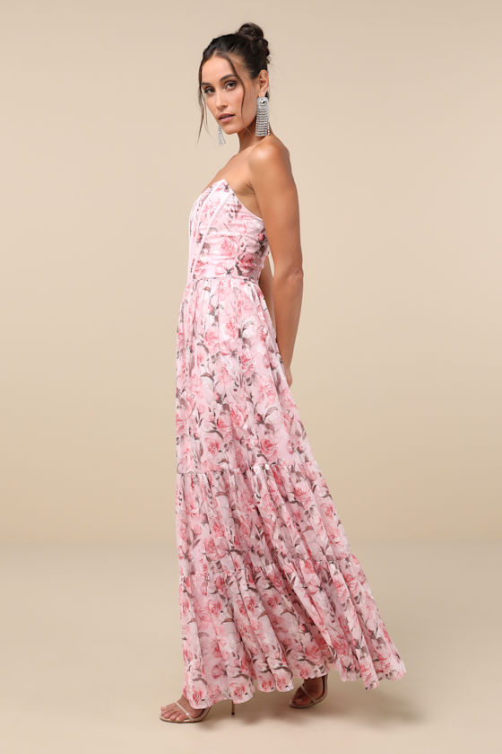 Special Moment Pink Floral Strapless Bustier Maxi Dress
