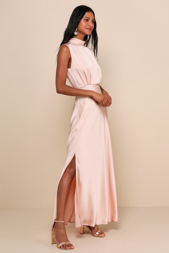 Classic Elegance Blush Satin Sleeveless Mock Neck Maxi Dress