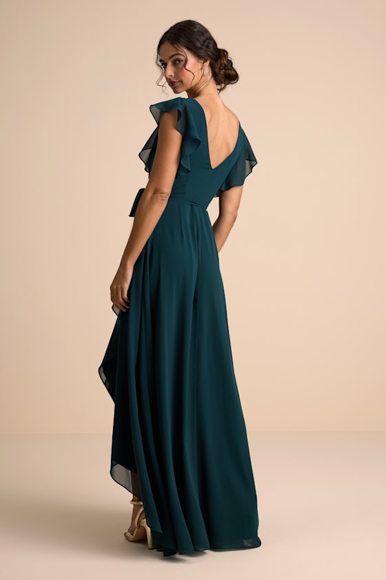 Ravishing Charm Emerald Ruffled Wrap High-Low Maxi Dress