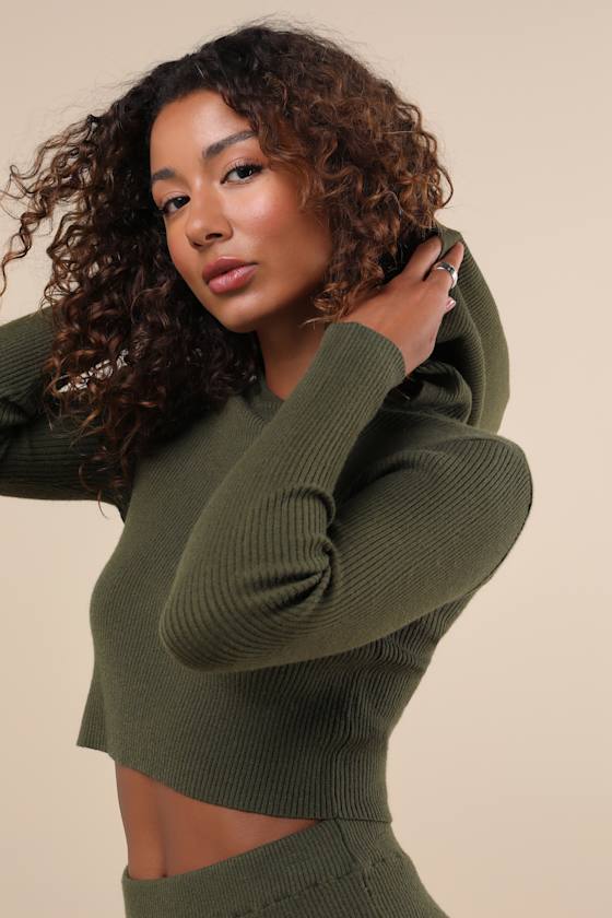 Delightful Duo Olive Ribbed Hooded Two-Piece Sweater Mini Dress