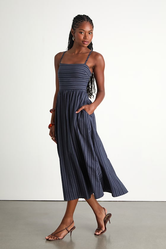 Feeling the Best Navy Striped Tie-Back Midi Dress with Pockets