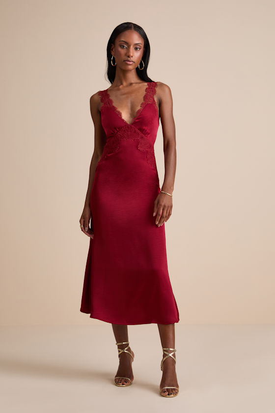 Alayah Red Satin Lace Tie-Back Midi Dress