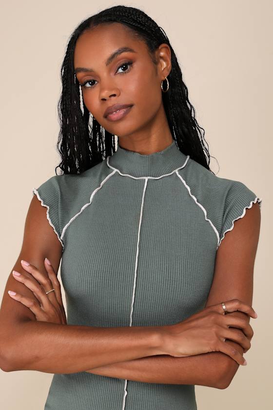 Cool Vibe Olive Green Ribbed Short Sleeve Mock Neck Mini Dress