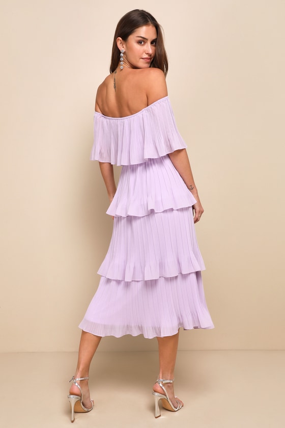 Gala Ready Lavender Off-the-Shoulder Ruffle Midi Dress