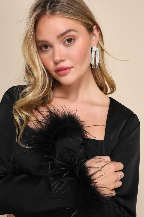 Premium Aura Black Satin Feather Long Sleeve Crop Top