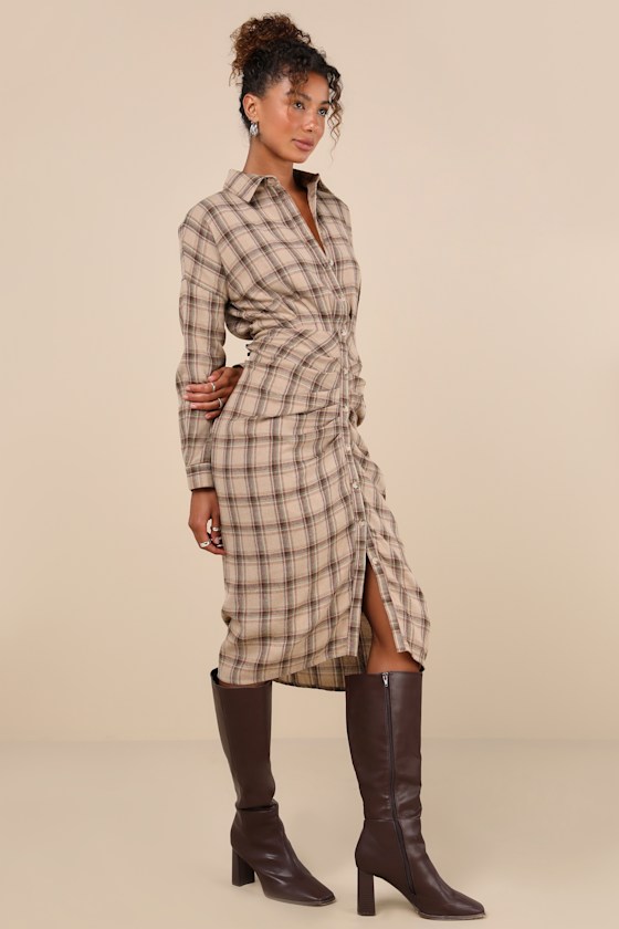 Seasonal Spirit Taupe Plaid Ruched Long Sleeve Midi Dress