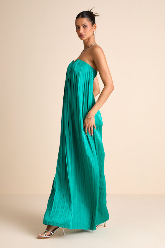 Celandine Teal Green Pleated Strapless Swing Maxi Dress