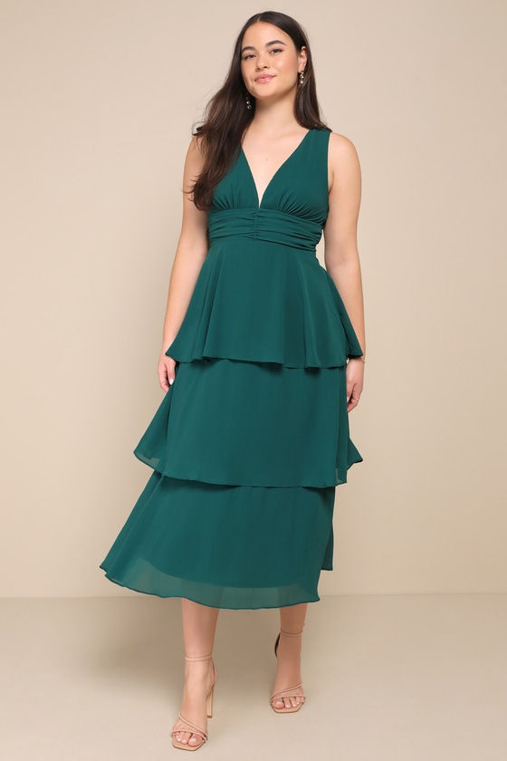 Celebration Time Emerald Green Sleeveless Tiered Midi Dress
