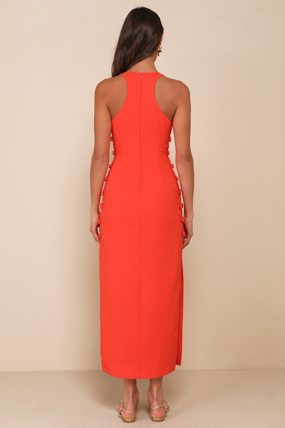 Masterfully Mod Bright Orange Side Button Midi Dress