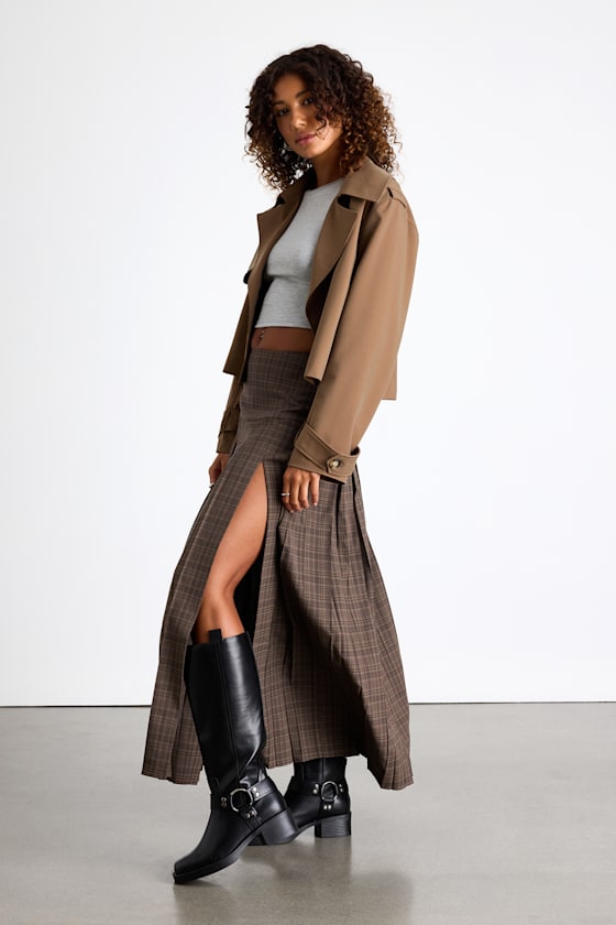Vessa Brown Plaid High-Rise Pleated Maxi Skirt