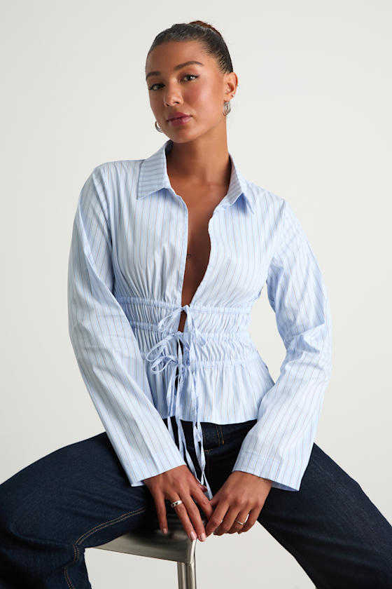 Polished Essence Blue Striped Collared Tie-Front Top