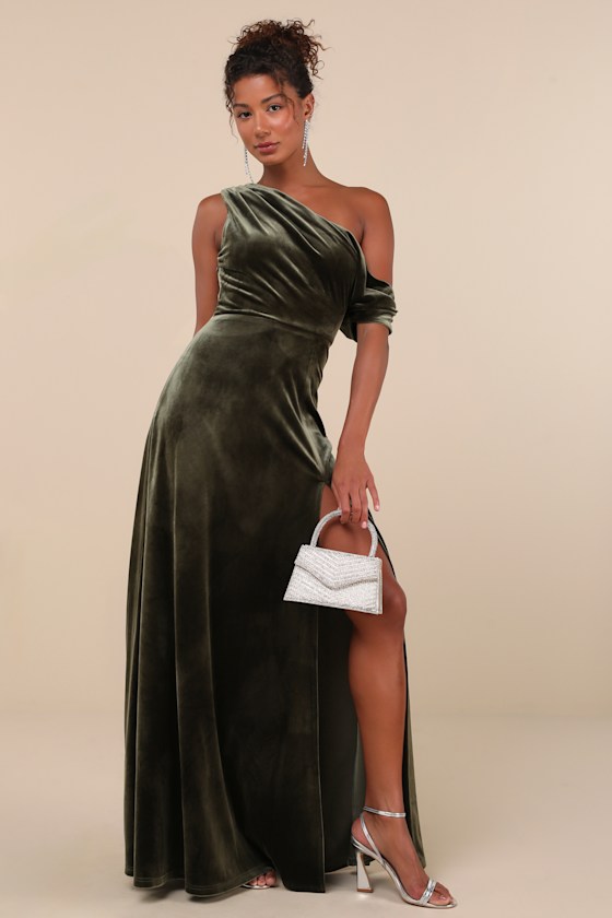 Coveted Confidence Olive Green Velvet Asymmetrical Maxi Dress