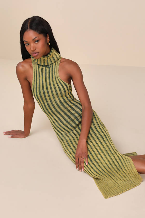 Truly Magnetic Washed Green Ribbed Turtleneck Midi Sweater Dress