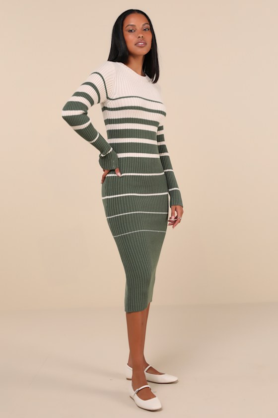 Seasonal Status Green and Cream Striped Midi Sweater Dress