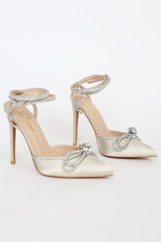 Lullie White Satin Rhinestone Ankle Strap Pointed-Toe Pumps