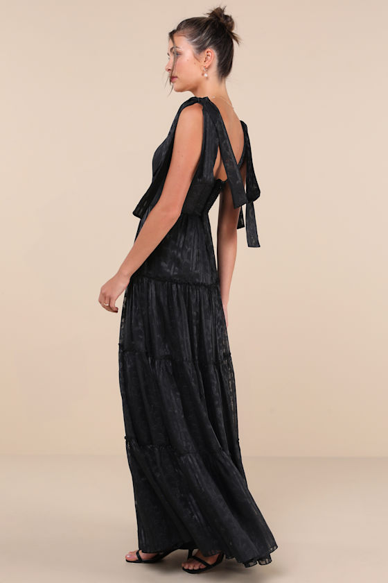 Picturesque Allure Black Jacquard Tie-Strap Maxi Dress