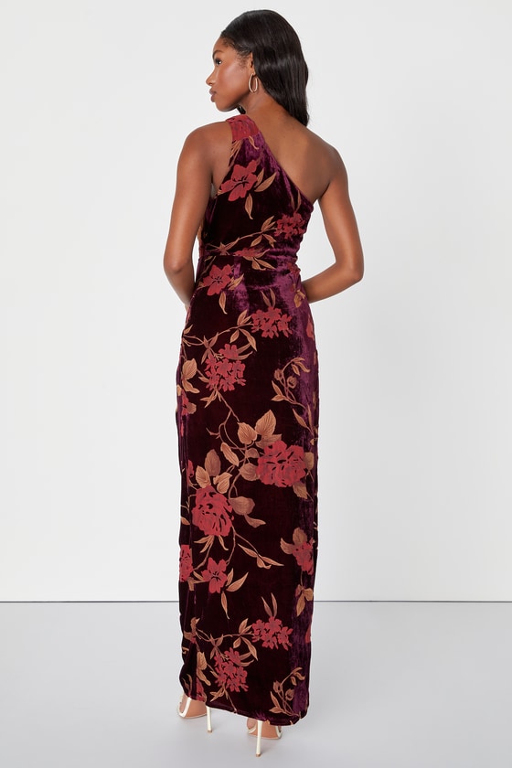 Unreal Awe Burgundy Floral Burnout Velvet One-Shoulder Dress