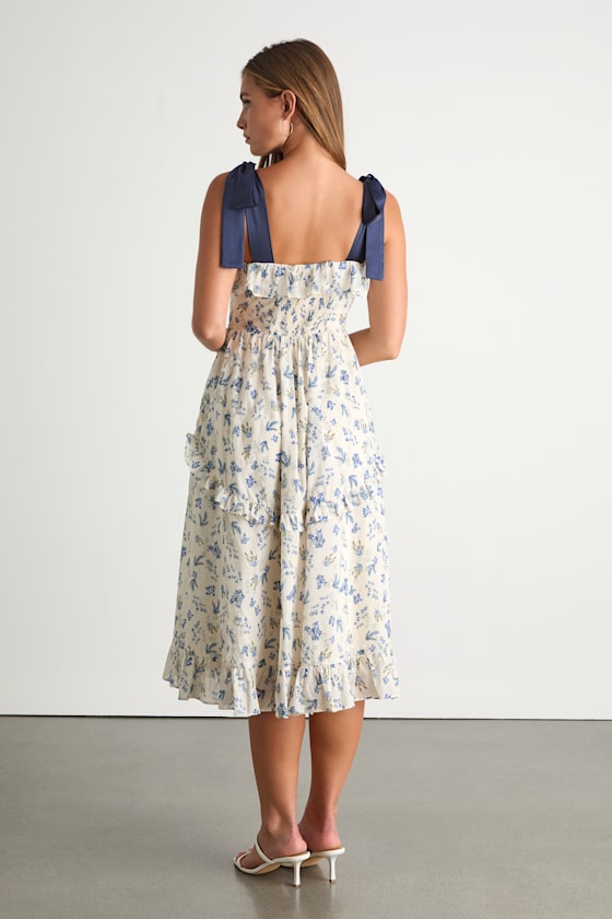 Candice Ivory Floral Ruffled Tie-Strap Midi Dress