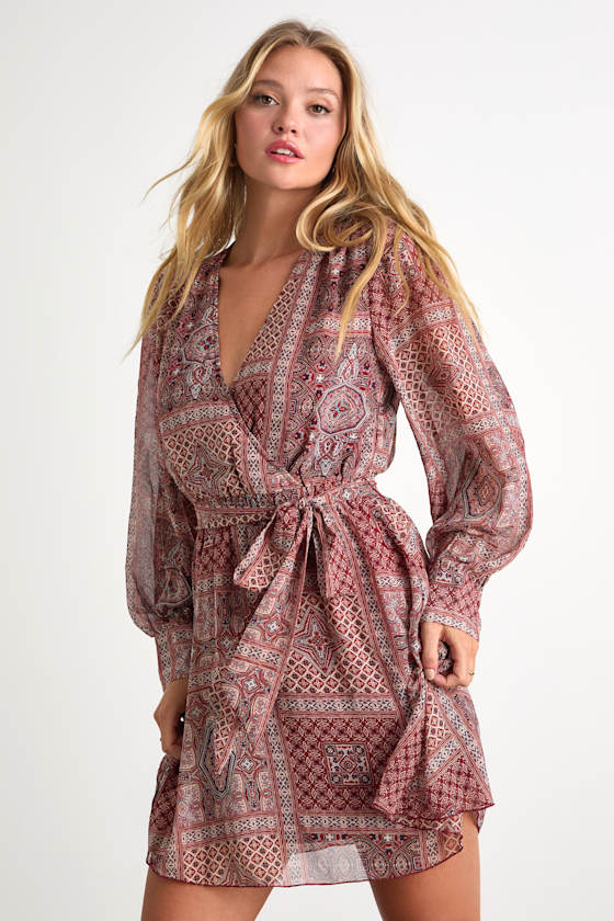 Breezy Wanderings Rust Red Boho Print Long Sleeve Mini Dress