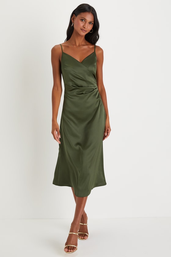 Simplicity of Love Olive Green Satin A-Line Midi Dress
