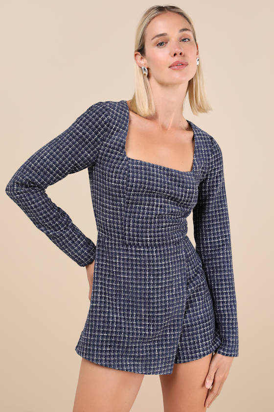 Cultivated Poise Navy Blue Tweed Romper