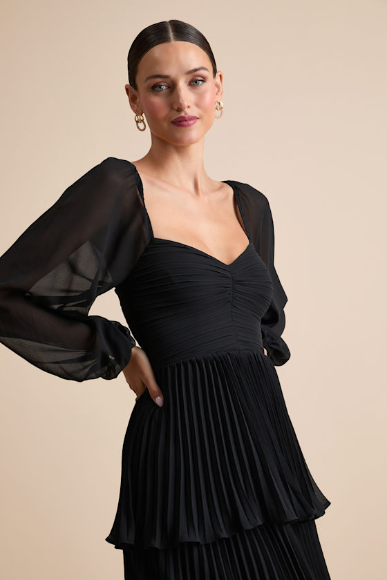 Impactful Elegance Black Tiered Balloon Sleeve Maxi Dress
