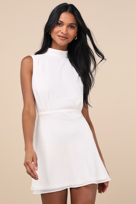 Classic Elegance White Chiffon Sleeveless Mock Neck Mini Dress