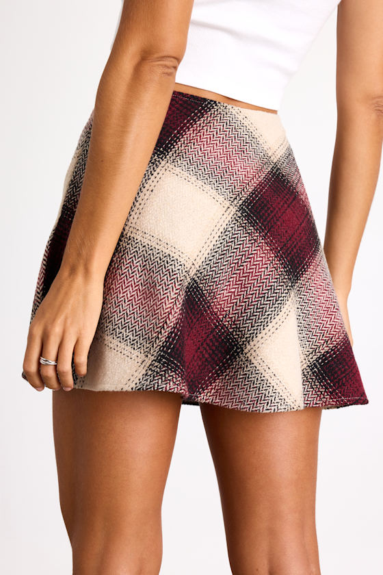 Plaid You Asked Ivory and Burgundy Plaid Skater Mini Skirt