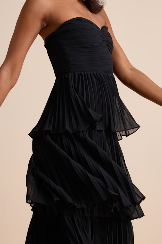 Seriously Sensational Black Strapless Tiered Midi Dress