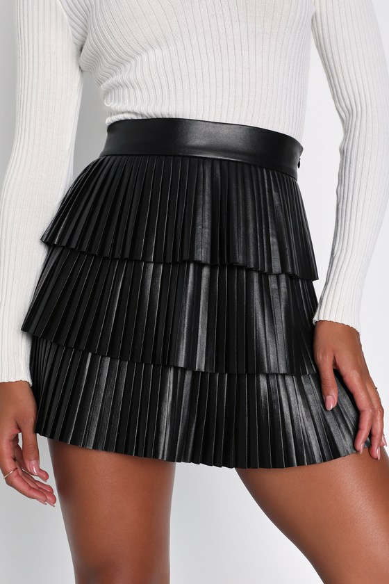 Bold Charm Black Vegan Leather Pleated Tiered Mini Skirt