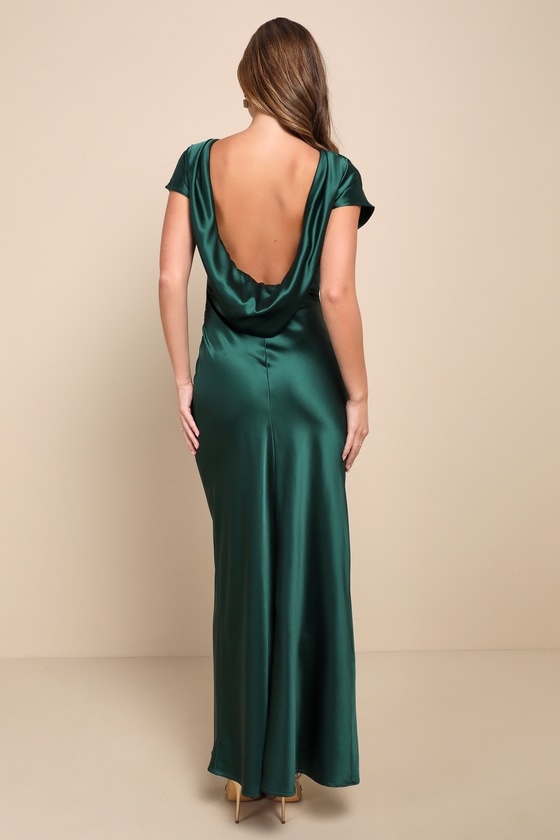 Captivating Presence Forest Green Satin Cowl Back Maxi Dress
