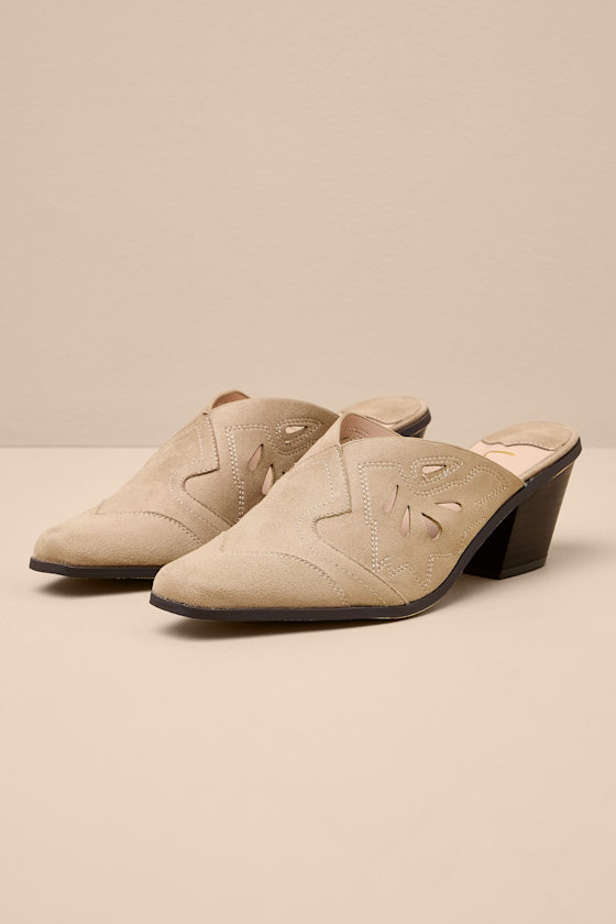 Armina Taupe Suede Western Mule Pumps