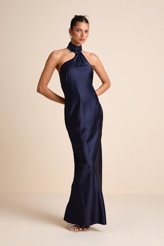 Madalena Navy Satin Cowl Back Maxi Dress