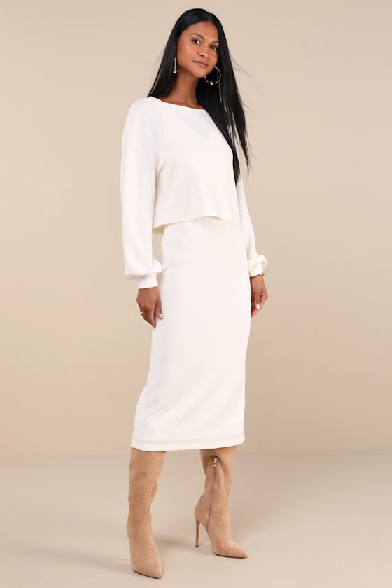 Marvelous Match Ivory Knit Two-Piece Midi Dress & Sweater Set