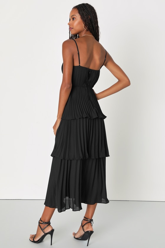Cascading Crush Black Tiered Bustier Midi Dress