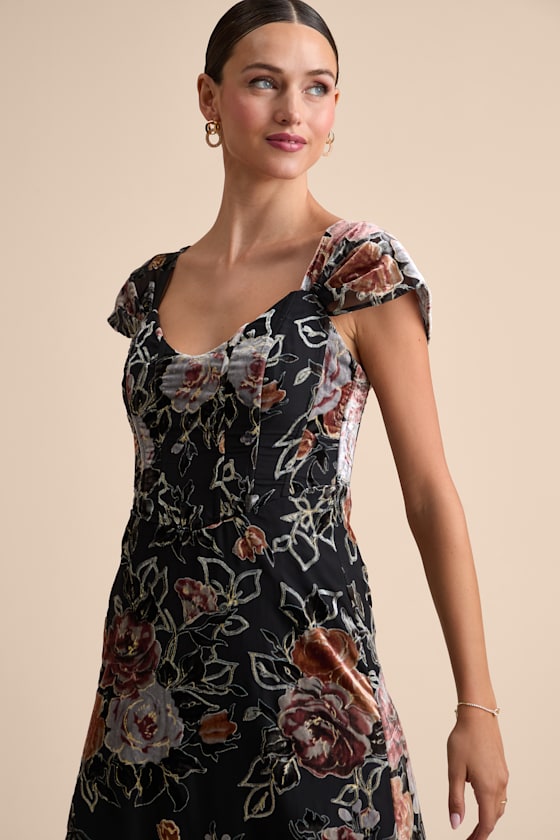 Composed Beauty Black Burnout Velvet Floral Midi Dress