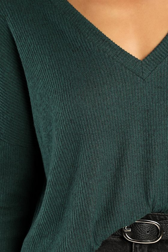 Just Vibing Hunter Green Ribbed V-Neck Sweater Top
