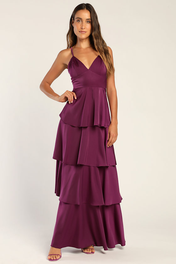 Going with Elegance Plum Purple Satin Tiered Gown