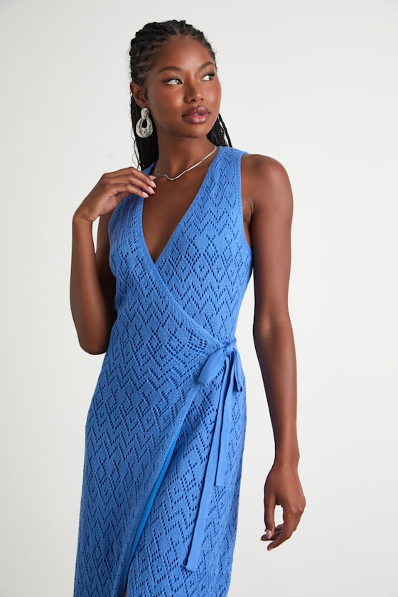 Kasper Blue Pointelle Knit Wrap Midi Dress