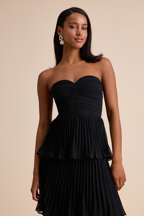 Seriously Sensational Black Strapless Tiered Midi Dress