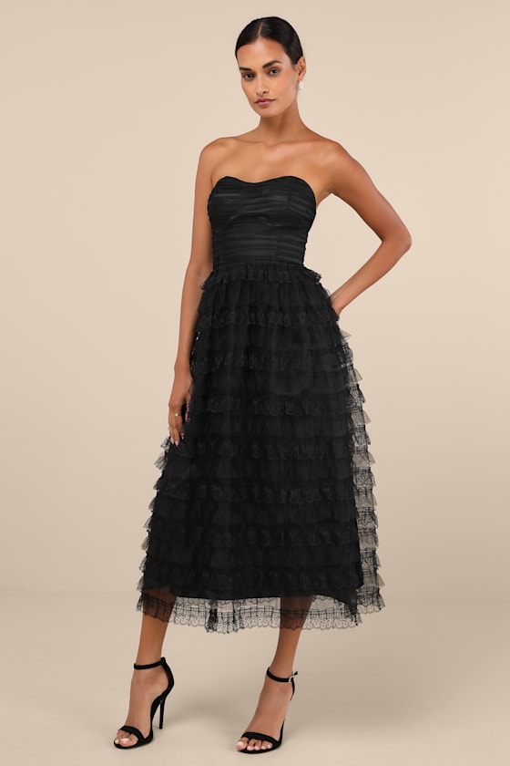 Immensely Exquisite Black Tulle Strapless Tiered Midi Dress