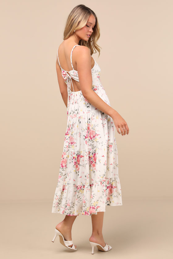 Mykonos Mood Pink and Ivory Floral Tie-Strap Tiered Midi Dress
