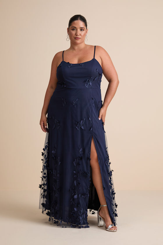 Abundant Charm Navy Blue 3D Floral Applique Maxi Dress