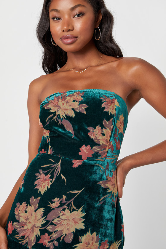 Real Allure Emerald Floral Burnout Velvet Strapless Maxi Dress