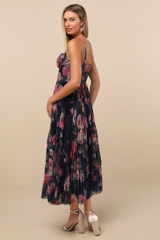 Alluring Invite Midnight Blue Floral Pleated Bustier Midi Dress